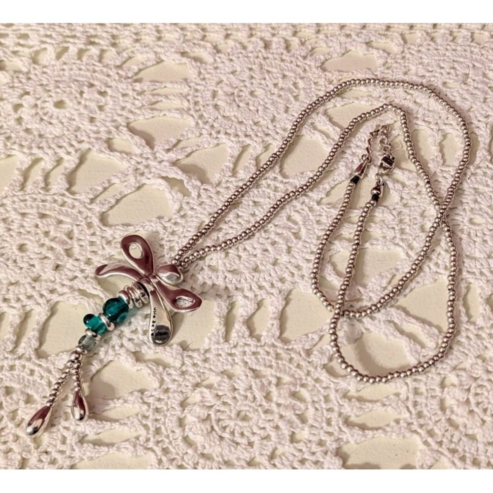 Dragonfly teal blue Crystal Necklace Uno De 50 silver plated long MSRP $215